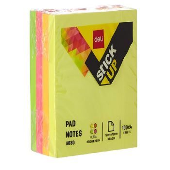 Deli Bright Neon Sticky Notes Pad Set 3" X 3", 4 Pack x 100 Sheets, Multicolour | CognitionUAE.com