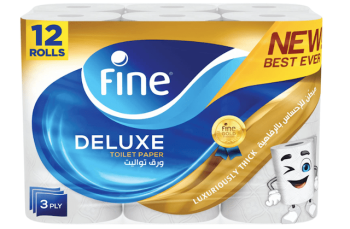 Fine Deluxe Toilet Paper 3 Ply, 12 Rolls x 140 Sheets, Highly Absorbent Toilet Roll, Premium Feel Softness Bathroom Tissue Roll, Sterilized for Germ Protection, | CognitionUAE.com
